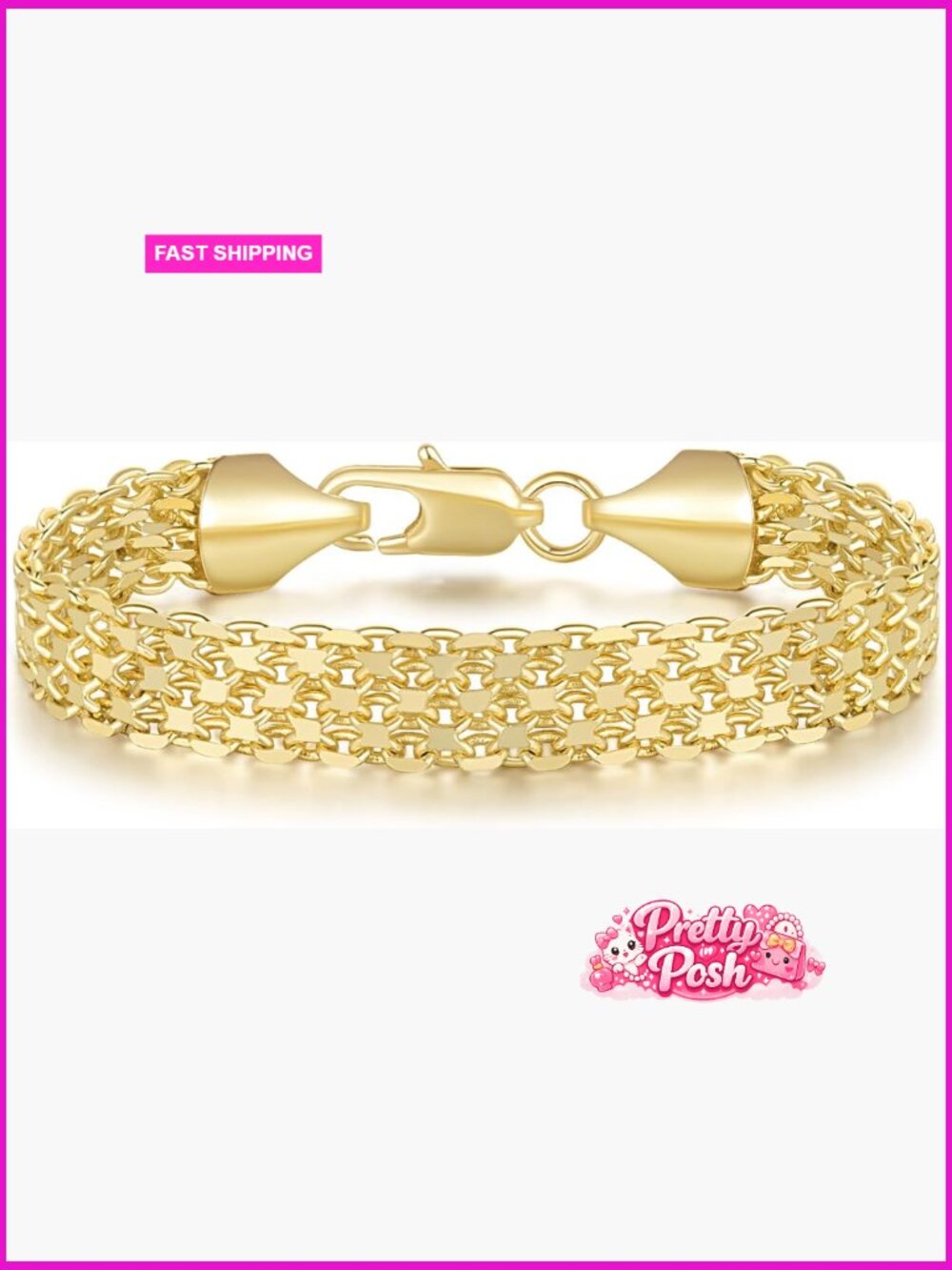 14K Gold Plated Mesh Chain Link Bracelet for Women